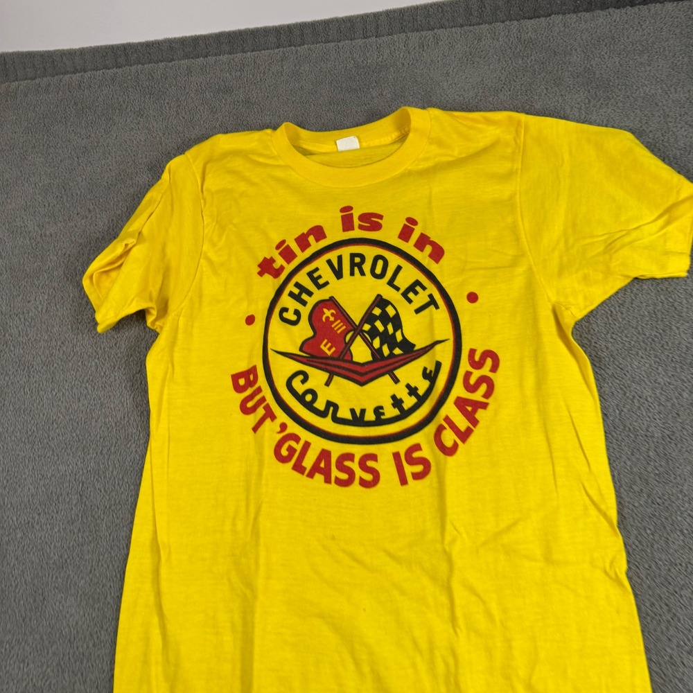 Vintage Chevrolet Corvette T-Shirt Yellow Tin‎ Is In But Glass Is Class Mens L